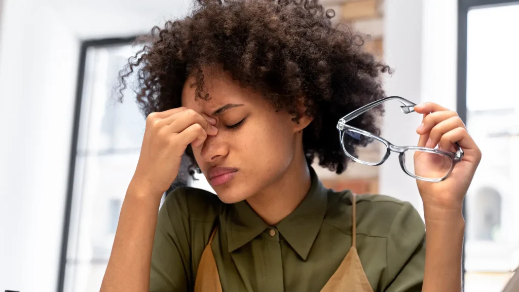 Mulher jovem com cabelo cacheado, vestindo camisa verde, segura os óculos em uma mão e aperta a ponte do nariz com a outra, demonstrando cansaço, estresse ou dor de cabeça