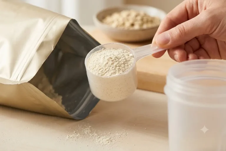 Uma fotografia publicitária ultra-realista em close-up de um scoop transparente cheio de suplemento em pó de baunilha com textura fina e levemente granulada. Uma mão está levantando o scoop de uma embalagem pouch metalizada aberta, com reflexos suaves, sobre uma superfície de madeira clara. Uma garrafa shaker fosca e translúcida está desfocada no canto inferior direito, e um pequeno recipiente com aveia em flocos desfocada está ao fundo. A iluminação natural entra lateralmente de uma janela, criando um bokeh suave e cores quentes e neutras. A imagem é limpa, sem marcas ou texto.