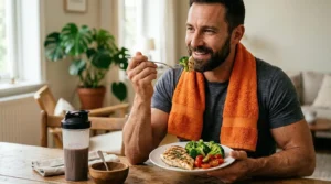 Homem vestindo camiseta cinza e com uma toalha laranja ao redor do pescoço, sentado à mesa de madeira enquanto come uma refeição saudável pós-treino. Com um garfo em uma das mãos, ele leva brócolis à boca, enquanto a outra mão segura um prato branco contendo peito de frango grelhado, brócolis e tomates-cereja. Ao lado, sobre a mesa, há um copo shaker de whey protein. A iluminação é natural e acolhedora, com fundo interno suavemente desfocado mostrando uma planta e móveis de madeira.