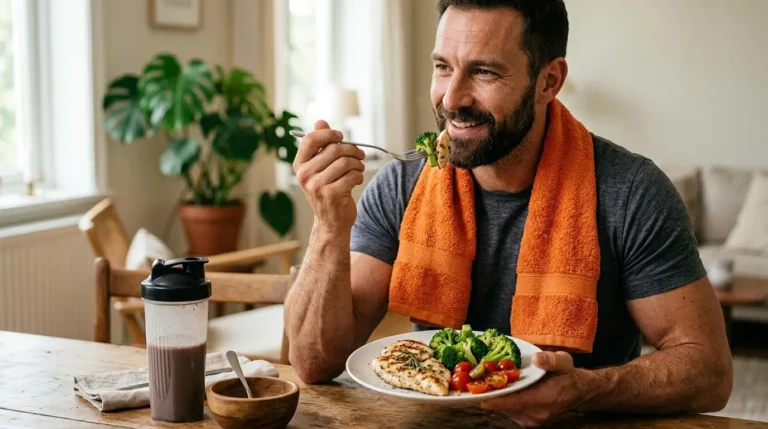 Homem vestindo camiseta cinza e com uma toalha laranja ao redor do pescoço, sentado à mesa de madeira enquanto come uma refeição saudável pós-treino. Com um garfo em uma das mãos, ele leva brócolis à boca, enquanto a outra mão segura um prato branco contendo peito de frango grelhado, brócolis e tomates-cereja. Ao lado, sobre a mesa, há um copo shaker de whey protein. A iluminação é natural e acolhedora, com fundo interno suavemente desfocado mostrando uma planta e móveis de madeira.