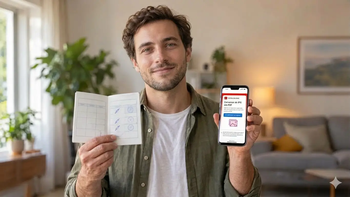 Homem segura a carteira de vacinação e um celular com tela do Adobe Acrobat em uma sala iluminada, com aparência natural, moderna e profissional.
