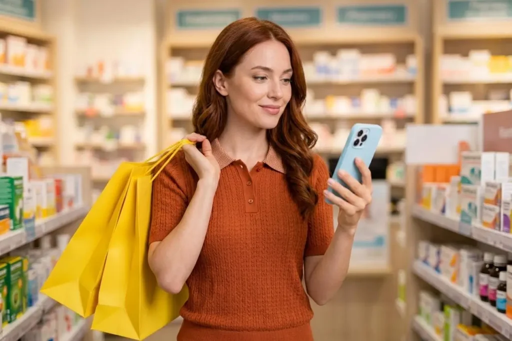 Mulher usando smartphone para acompanhar promoções enquanto carrega sacolas de compras. Fundo farmacia