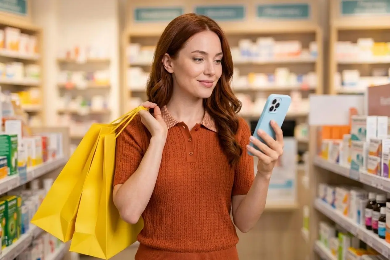 Mulher usando smartphone para acompanhar promoções enquanto carrega sacolas de compras. Fundo farmacia